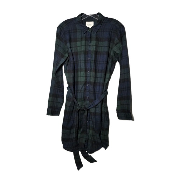 Abercrombie &Fitch Flannel Plaid Shirt Dress GreenBlue Belted Long Sleeve Medium - Picture 5 of 11